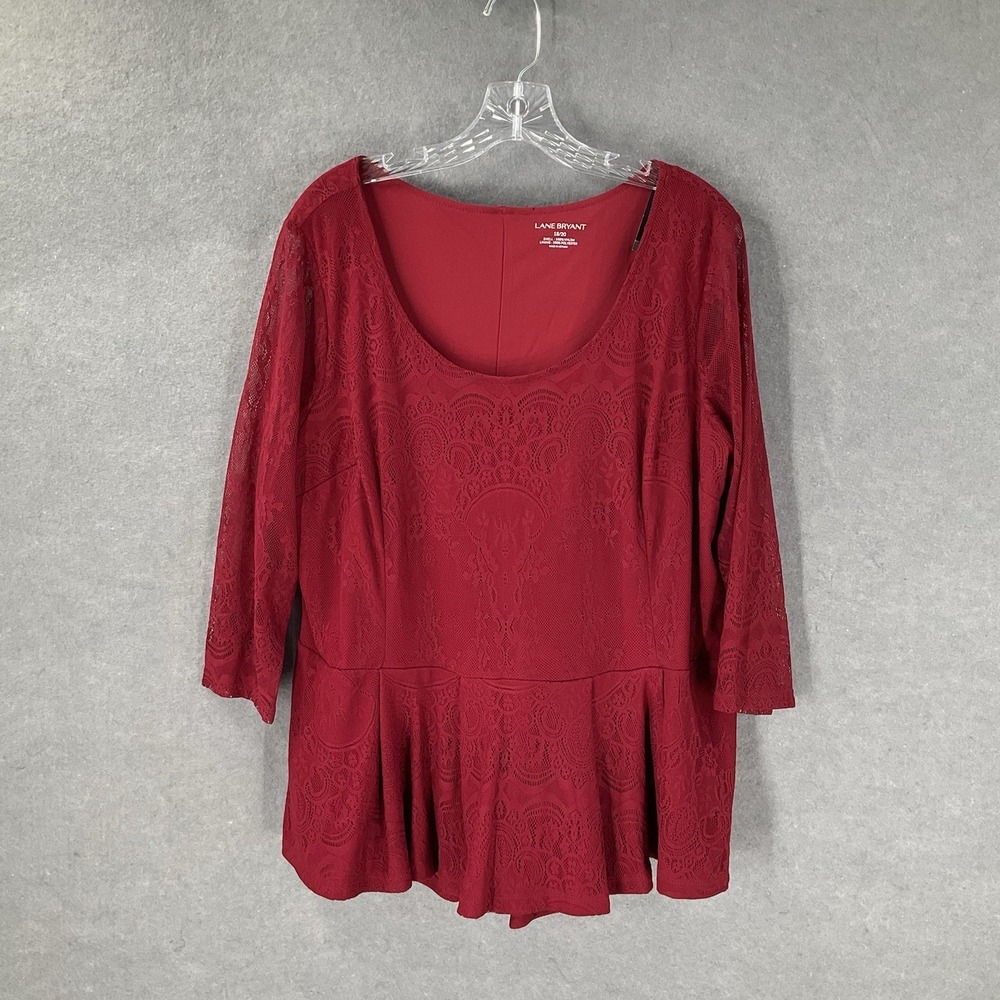 Lane Bryant Top‎ Women 18/20 Wine Lace Overlay Pleated 3/4 Sleeve Peplum Blouse